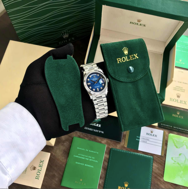 Rolex Day Date 36mm Blue Dial Swiss ETA Silver Watch