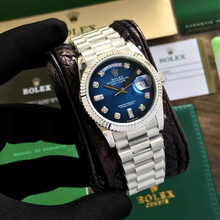 Rolex Day Date 36mm Blue Dial Swiss ETA Silver Watch